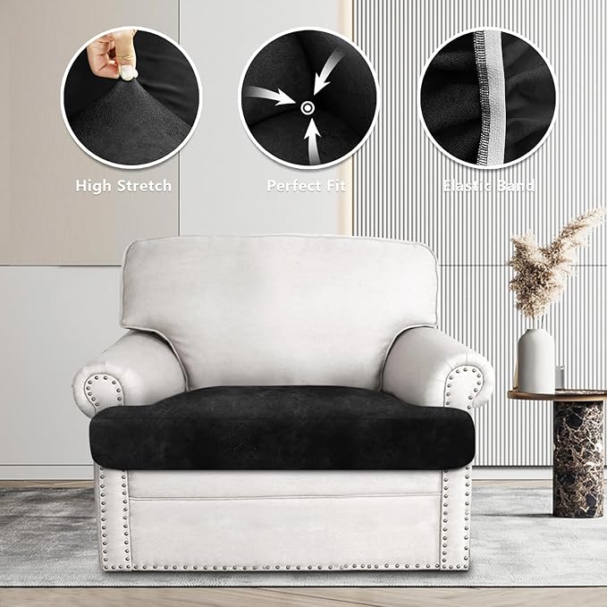 Leather Look Couch Cushion Covers Sofa Seat Slipcovers Sets Couches Furniture Protector for Sectional Armchair Loveseat Pets Kids Stretch Spandex Fabric (1 T-Cushion Armchair, Black)