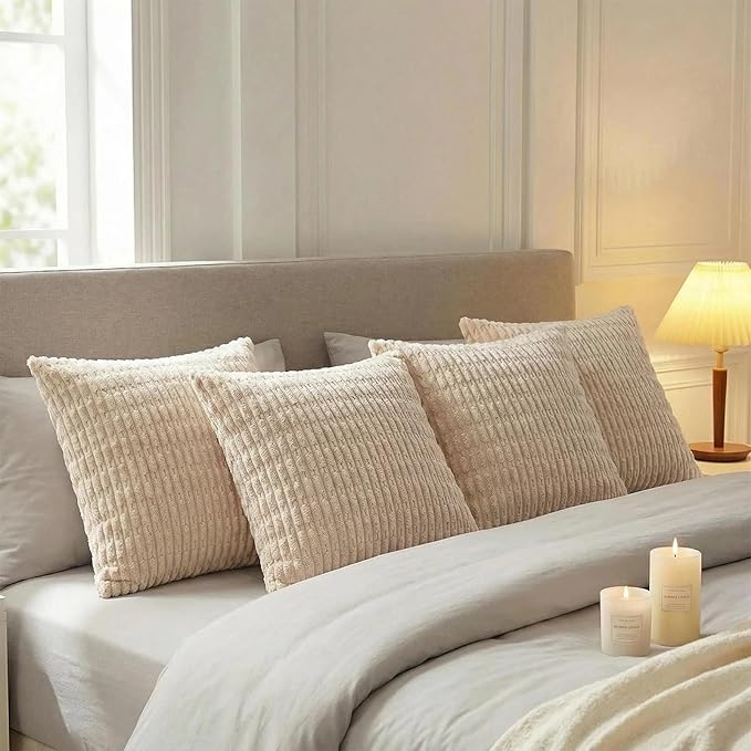 Fancy Homi 4 Packs Beige Decorative Throw Pillow Covers 20x20 Inch for Living Room Couch Bed Sofa, Tan Rustic Farmhouse Boho Home Decor, Soft Plush Striped Corduroy Square Cushion Case 50x50 cm