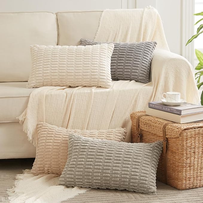 Fancy Homi 4 Packs Taupe Decorative Throw Pillow Covers 26x26 Inch for Living Room Couch Bed, Rustic Modern Farmhouse Boho Home Decor, Soft Plush Corduroy Cute Square Accent Cushion Case 60x60 cm