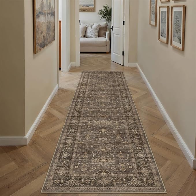 2'6x8 Washable Runner Rug for Hallway Kitchen Vintage Brown Non Slip Low Pile Carpet Traditional Retro Soft Throw Rug for Bathroom Bedroom Entryway Indoor Entrance