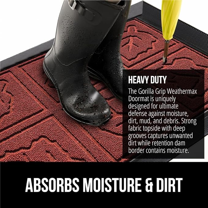 GORILLA GRIP 100% Waterproof All-Season WeatherMAX Doormat, US Designed Natural Rubber, Stain and Fade Resistant, Low Profile Indoor Outdoor Door Mats, Easy Clean Patio Mat, 29x17, Burgundy Leaves