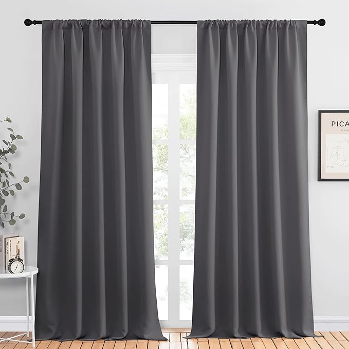 NICETOWN Blackout Curtain Panels for Window - Energy Efficient & Noise Reducing Thermal Insulated Rod Pocket Blackout Drapes/Draperies for Living Room (Grey, 2 Panels, W52 inches x L95 inches)