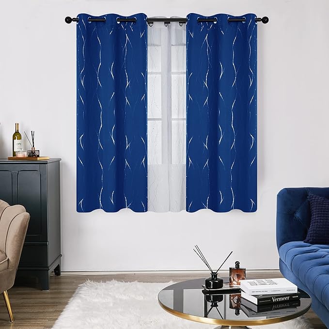 Deconovo Blackout Curtains, 38 x 36 Inch Drapes for Kitchen with Wave Dots Silver Print, Soundproof Thermal Insulated Window Curtain for Small Windows Nursery, Set of 2, Machine Washable, Royal Blue