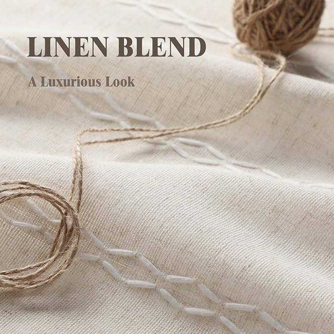 Boho 80% Blackout Curtains with Gray Liner 90 Inches Long 2 Panels Set, Beige Linen Blend Drapes with Tassels and Cotton Embroidered for Living Room Bedroom