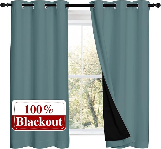 NICETOWN 100% Blackout Curtains 54 inches Long, Double-Deck Completely Blackout Window Treatment Thermal Insulated Lined Drapes for Small Window (Aqua, 1 Pair, 42 inches Width Each Panel)