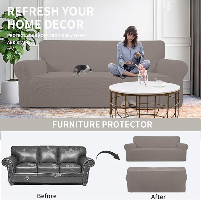 Easy-Going Stretch Oversized Chair Sofa Slipcover 1-Piece Couch Sofa Cover Furniture Protector Soft with Elastic Bottom for Kids Spandex Jacquard Fabric Small Checks Taupe