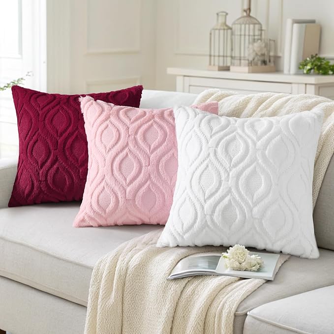 decorUhome Summer Throw Pillow Covers 12x20 Inch Set of 2, Soft Plush Faux Wool Light Pink Solid Couch Pillow Covers, Accent Farmhouse Neutral Rectangle Pillow Cases for Sofa Bed Living Room