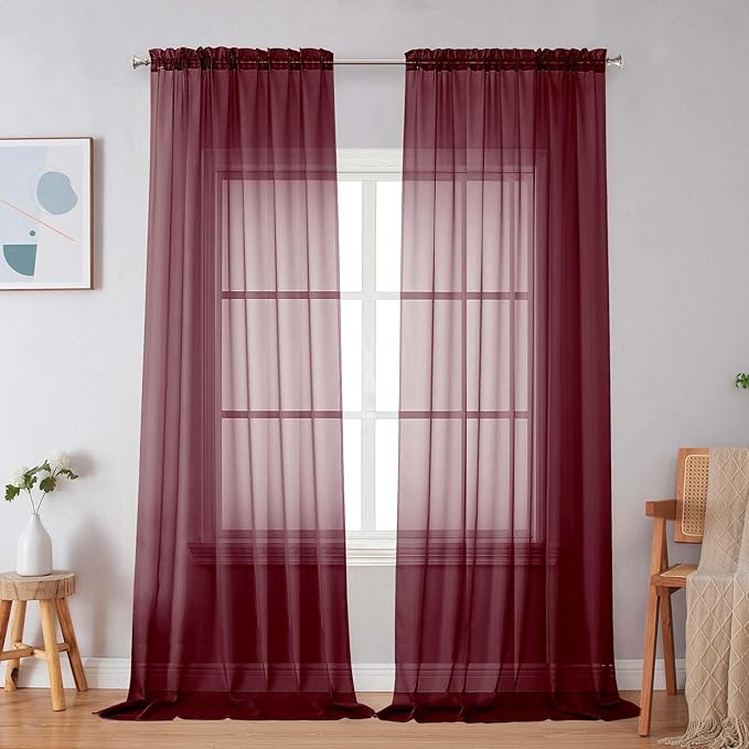 Simplebrand Burgundy Red Sheer Curtains 96 Inches Long, Light Filtering Rod Pocket Solid Color Window Sheer Curtain Panels, Elegant Curtains & Drapes for Living Room, Bedroom 2 Panels, 59" W x 96" L