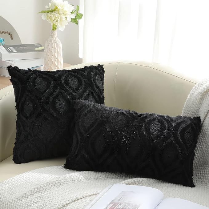 decorUhome Throw Pillow Covers 26x26 Inch Set of 2, Soft Plush Faux Wool Black Solid Couch Pillow Covers, Accent Euro Sham Farmhouse Neutral Square Pillow Cases for Sofa Bed Living Room