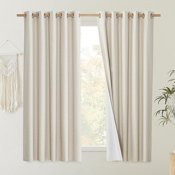 NICETOWN Natural 100% Blackout Short Curtains 63 inches Lenghth Burg for Kitchen, 2 Panels, Burlap Linen Drapes with Thermal Insulated White Liner, Keeping Out Cold Air and Heat Panels