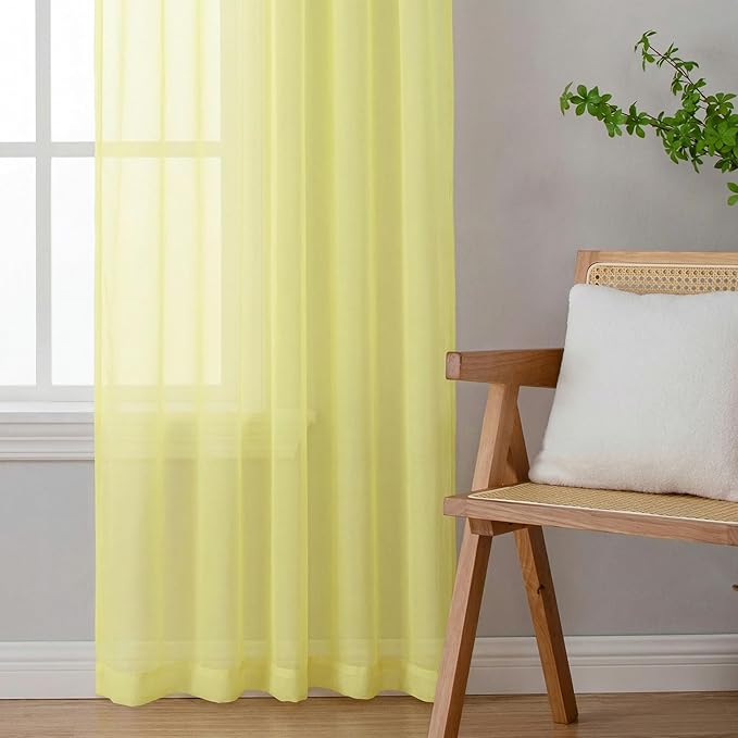 OWENIE Short Sheer Curtains for Bedroom Living Room 54 Inch Length 2 Panels Set, Soft Solid Light Filtering Sheer Curtain for Small Window, 2 Pcs Total 84 Width 54 Long, Light Yellow