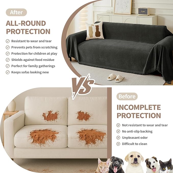 Couch Cover for Dogs, Boho Sofa Covers for 3 Cushion Couch, Chenille Sofa Slipcover for Pets Washable, L-Shape Sectional Couch Cover Soft Throw Blankets with Tassels(91x118,Charcoal Grey)