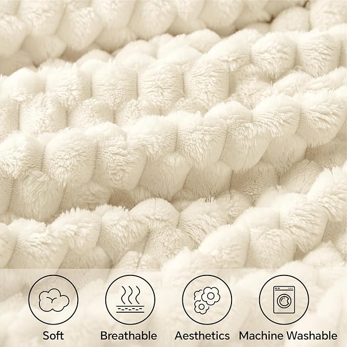 BEDELITE Fleece Blanket Twin for Bed Couch, 3D Jacquard Decorative Cream Throw, Soft Cozy Warm Plush Fuzzy, 60x80Inches