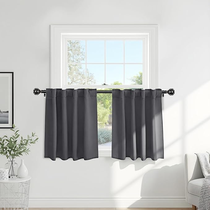 PONY DANCE Short Curtains Half Window Curtains for Bedroom, Privacy Blackout Energy Saving Drapes for Living Room Bathroom Shades, Wide 34 x Long 36 inches per Panel, Grey, 2 Pcs