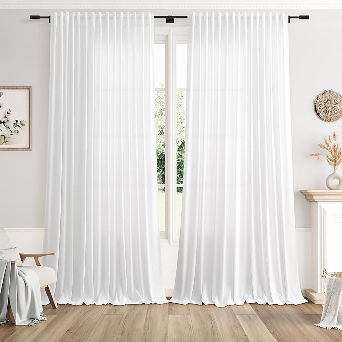 Nanspring Extra Wide Linen Curtains for Living Room 108 Inch Length for Room Divider White Rustic Farmhouse Drape Rod Pocket Back Tab Light Filtering Bedroom Window Curtain for Sliding Door 100x108