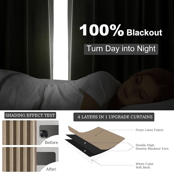 Topfinel 95 Inches Long Custom Linen Blackout Curtains Taupe Pinch Pleated Noise Cancelling Curtains with Pin Hooks for Traverse Burlap Viral Drapes 2 Panels for Living Room Bedroom