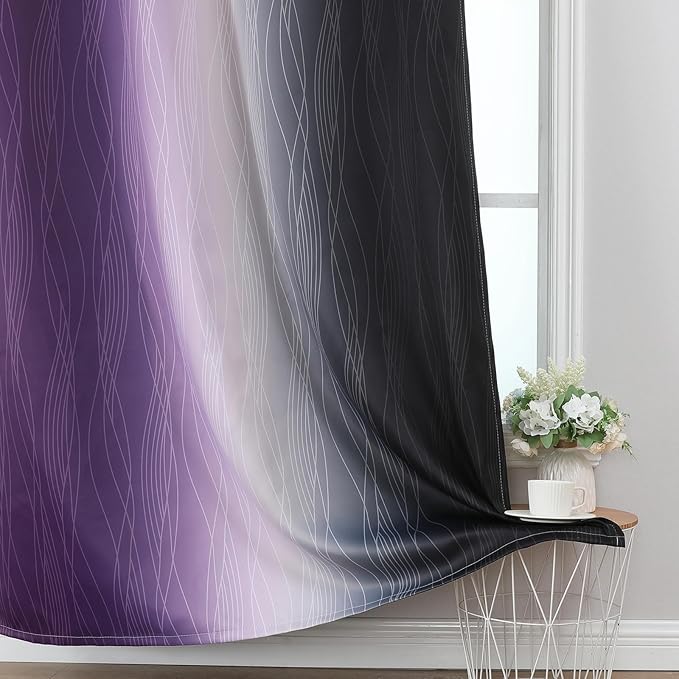Estelar Textiler Black and Purple Ombre Blackout Curtains for Bedroom, Full Room Darkening Grommet Curtains for Living Room, Thermal Insulated Light Blocking Gradient Drapes, 42Wx72L,2 Panels
