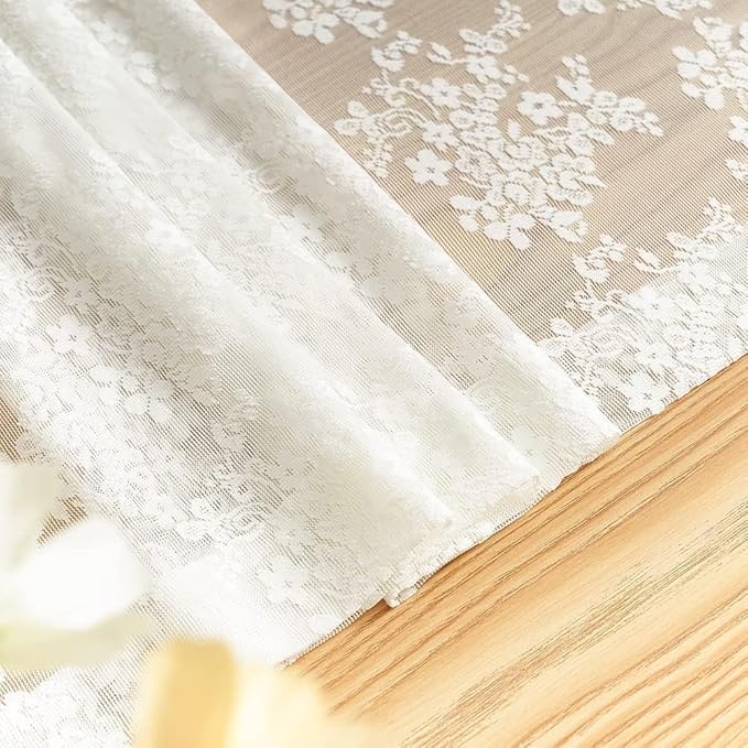 YJ YANJUN Vintage Lace Curtains 90 Inches Long for Dining Room Pair French Country Floral Sheer Curtains for Bedroom Playroom Ivory Cream Colored Boho Farmhouse Decoration 52 x 90 Off White