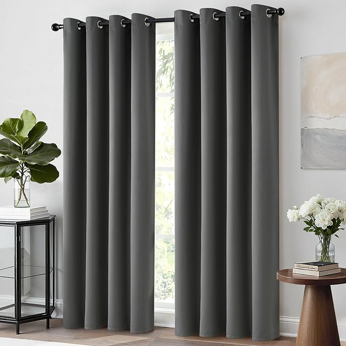 Yakamok Room Darkening Dark Grey Blackout Curtains 84 Inches Long Light Blocking Thermal Insulated Solid Grommet Window Treatment Drapes for Bedroom(One Pair, 52 Inch by 84 Inch)