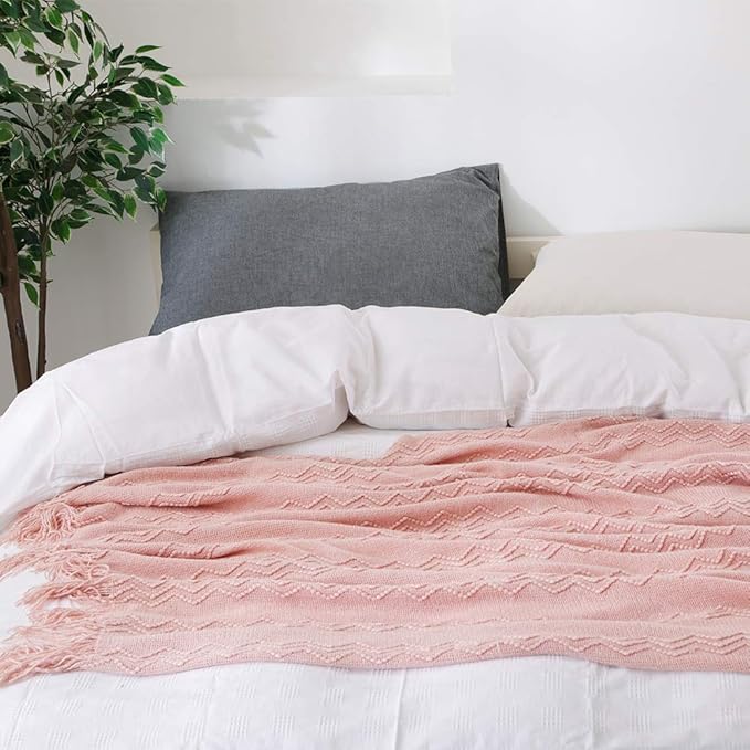 BOURINA Pink Throw Blanket 60x80 Inches Throw Textured Solid Soft Sofa Throw Couch Knitted Decorative Blanket