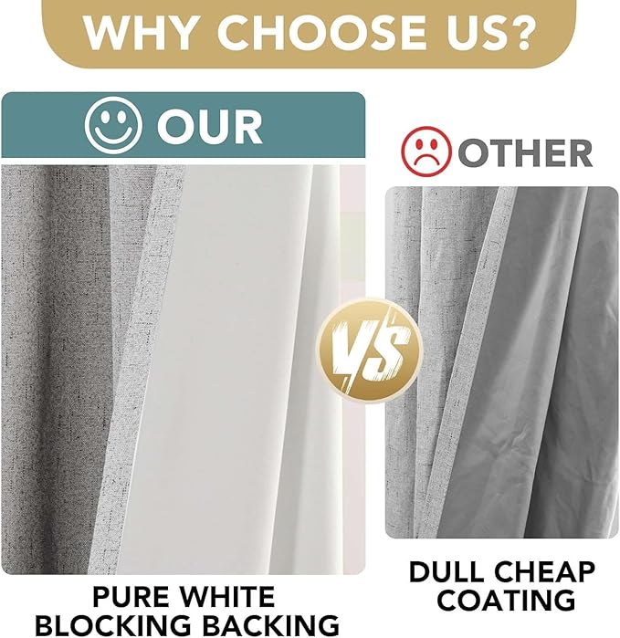 H.VERSAILTEX Linen Curtains 100% Blackout Curtains for Bedroom 102 inch Long Full Light Blocking Nature Linen Blended Window Curtains for Living Room Nickel Grommet (2 Panels, Glacier Gray)