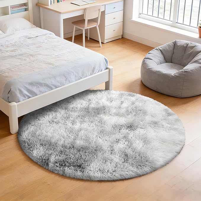 Tie-Dyed Fluffy Round Rug,Soft Area Rugs for Girls Room,Shaggy Rugs 4'X4' for Living Room,Non Slip Circle Rug for Kids Bedroom,Shag Plush Nursery Rug,Plush Carpet for Dorm,Furry Room Decor,Light Grey