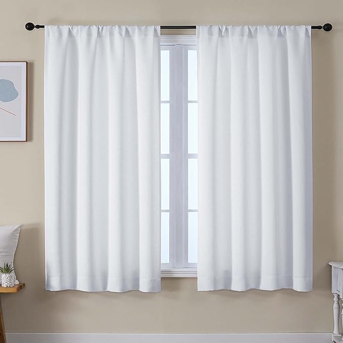 Simplebrand Ava Pure White Light Filtering Curtains for Bedroom 63 Inch Length 2 Panels Set, Solid Thermal Insulated Privacy Living Room Window Treatment Curtains Light Filtering, W50 x L63 Inch