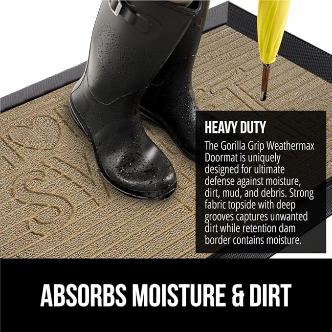 GORILLA GRIP 100% Waterproof All-Season WeatherMAX Doormat, 47x35, US Designed Natural Rubber, Stain and Fade Resistant, Low Profile Indoor Outdoor Door Mats, Easy Clean Patio Mat, Home Sweet Home