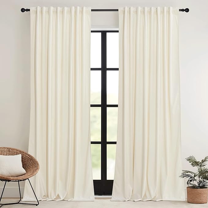 RYB HOME Ivory White Velvet Curtains 72 inches with Hook Belt, Soft Fabric Room Darkening Thermal Insulated Luxurious Home Decor Curtains for Living Room Bedroom, W 42" x L 72", 2 Panels Set