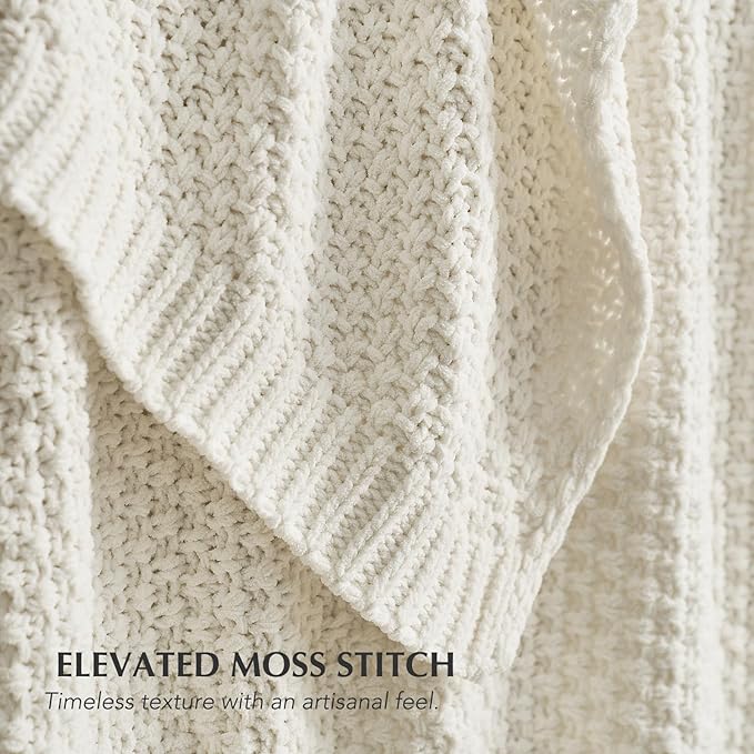 EVERGRACEHOME Chunky Chenille Knit Throw Blanket for Couch, Soft Luxurious Moss Stitch Blankets for Bed, Cozy Decorative Farmhouse Knitted Throws for Sofa, Bright White, 60" x 80"
