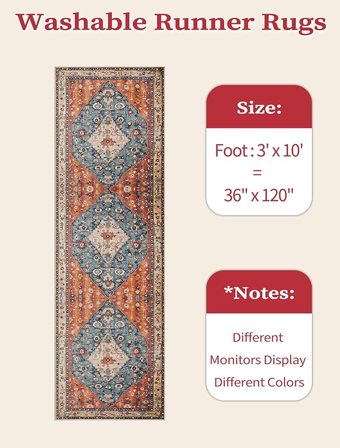 SERISSA Runner Rug for Hallways, 3x10 Washable Non Slip Kitchen Runner Rug, Long Boho Rug Vintage Tribal Hallway Stair Ultra Soft Print Floor Carpet for Bedroom Bathroom Laundry Room