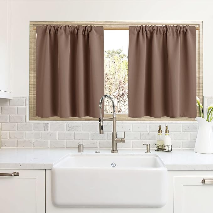 RYB HOME Cafe Blackout Curtains 24 inch Length, RV Curtains for Camper Windows, Mini Short Small Insulating Light UV Heat Blocking Privacy Half Window Tiers, Width 42 by Length 24, Mocha, 2 Panels