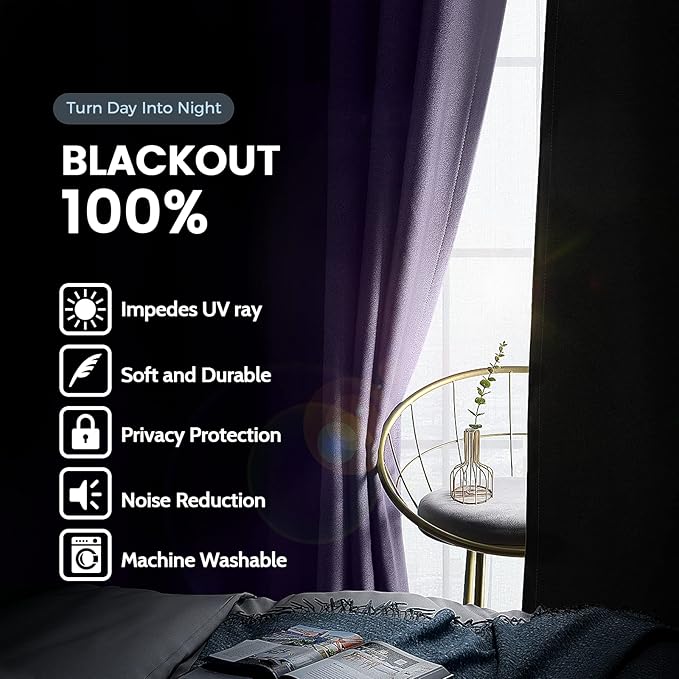 SimpleHome 100% Blackout Curtains for Bedroom,Thermal Insulated Grommet Window Drapes Room Darkening Lilac Curtains for Living Room with Black Back,52 x 84 Inch,2 Panels