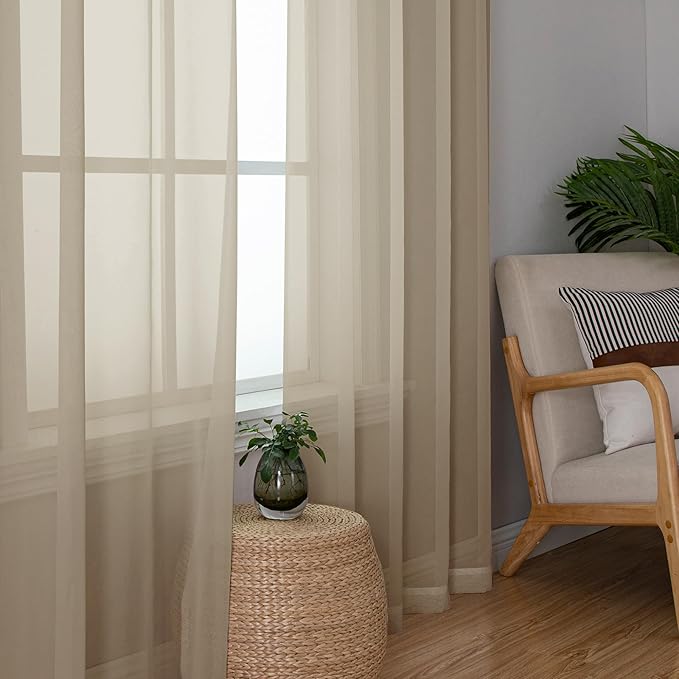 Simplebrand Taupe Sheer Curtains 63 Inch Length 2 Panels, Rod Pocket Solid Color Kakhi Taupe Brown Window Sheer Curtain Panels, Elegant Curtains & Drapes for Living Room, Bedroom (42" W x 63" L)
