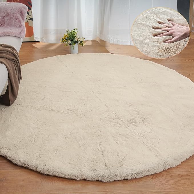 ORINOVA Round Rugs 8ft Shag Washable Fluffy Area Rugs for Bedroom Light Brown Beige Large Circle Faux Rabbit Shaggy Fur Rug for Living Room Nursery Rug