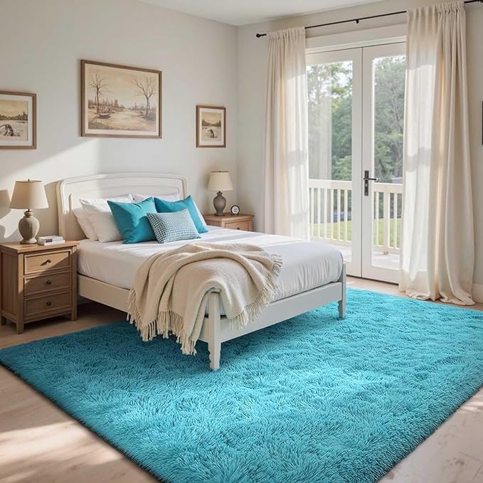 6x9 Ft Large Shag Rugs for Living Room, Ultra Soft Teal Fluffy Furry Area Rugs for Bedroom Indoor Floor, Aesthetic Carpet for Boys Nursery Dorm Home
