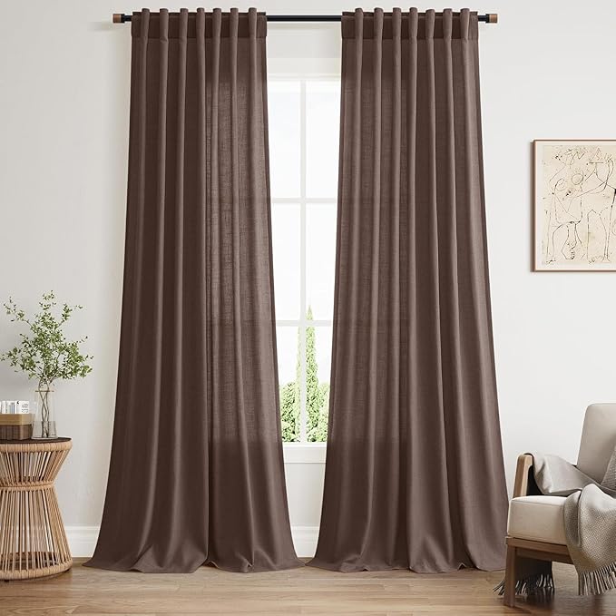 Cappuccino Linen Curtains for Living Room 100 Inches Long Light Filtering Semi Sheer Curtain Back Tab Rod Pocket Luxury Modern Rustic Home Decor Neutral Drapes for Bedroom Dinner Room 52x100, 2 Panels