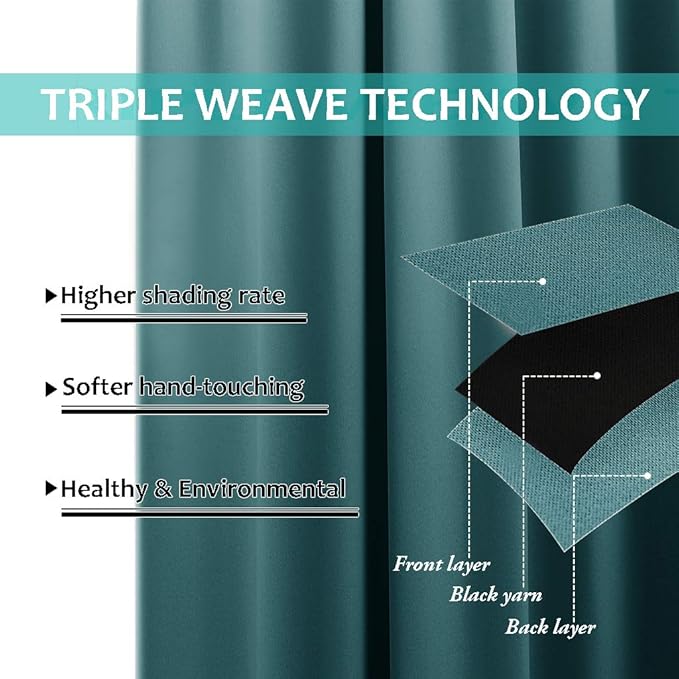 NICETOWN 100% Blackout Curtains 108 inches Long, Noise Reduction Window Treatment Curtains, Thermal Insulated Energy Smart Drapes and Draperies for Apartment Decor, Sea Teal, Set of 2, 70 inches Wide