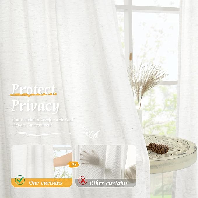 LAMIT Ivory White Linen Curtains 45 Inches Long for Bedroom, Soft Privacy Faux Linen Textured Light Filtering Panels Rod Pocket Neutral Drapes for Kitchen/Window/Loft Room, 42 x 45 Inch, 2 Panels