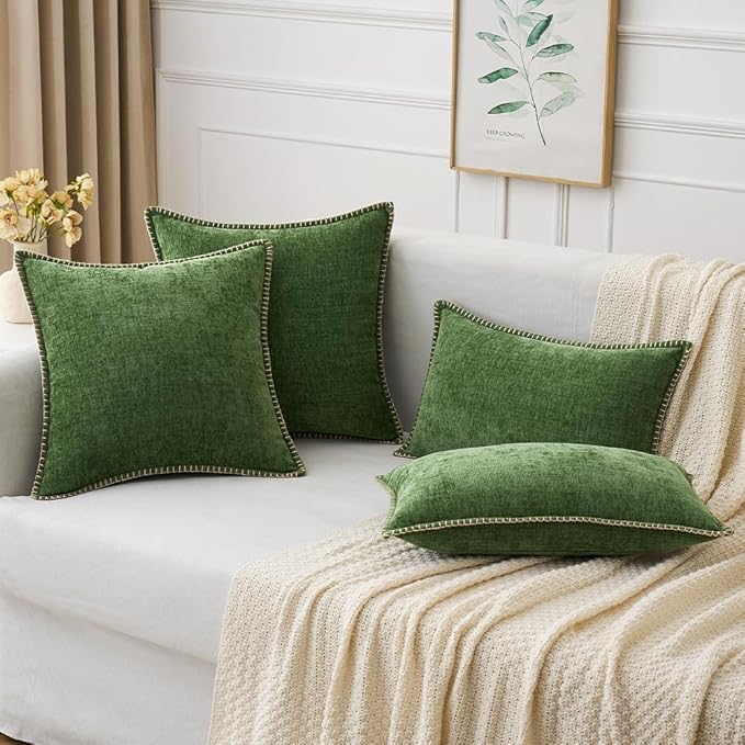 MIULEE Pack of 2 Couch Pllow Covers 18x18 Inch Moss Green Farmhouse Decorative Throw Pillow Covers with Stitched Edge Soft Chenille Solid Dyed Pillow Covers for Sofa Bed Living Room
