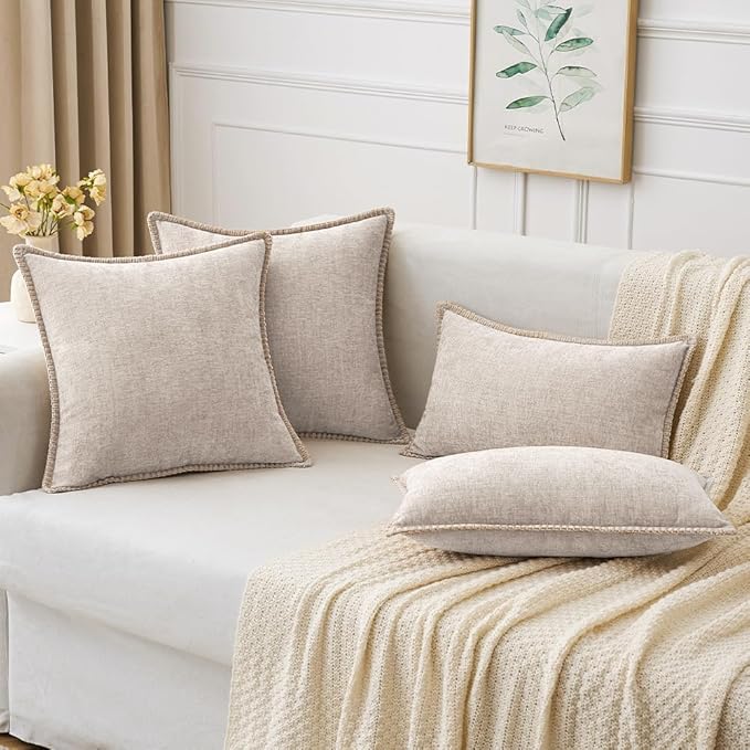 MIULEE Pack of 2 Couch Throw Pillow Covers 20x20 Inch Natural Beige Farmhouse Decorative Pillow Covers with Stitched Edge Taupe Soft Chenille Solid Dyed Pillow Covers for Sofa Bed Living Room
