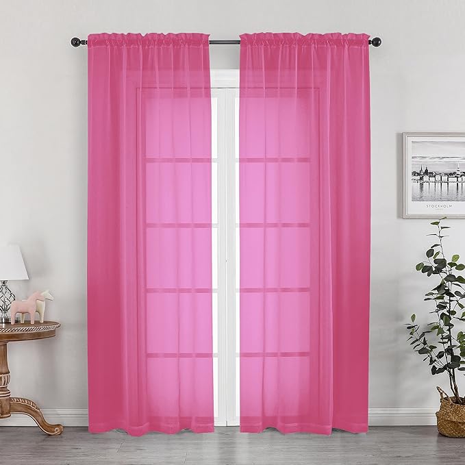 OWENIE Hot Pink Sheer Curtains 84 Inches Long for 2 Panels Set, Solid Light Filtering Voile Sheer Curtains for Living Room Bedroom, Modern Rod Pocket Hot Pink Curtain, 2 Pcs Total 84 Width 84 Long