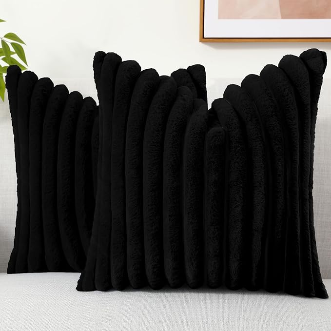decorUhome Cozy Faux Fur Throw Pillow Covers 24x24 Set of 2 Decorative Soft Plush Striped Modern Farmhouse Boho Couch Euro Sham Pillow Cases with Velvet Back for Sofa Bed Living Room, Black