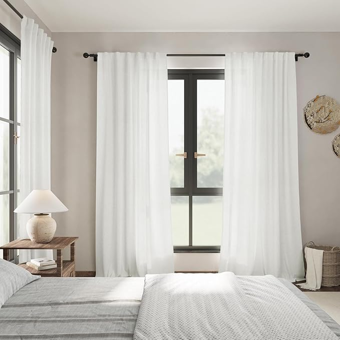 Nanspring Off White Linen Blend Semi Sheer Curtains 86 Inches Long 2 Panel Set Pocket Back Tab Light Filtering Decorative Decor Curtain Drapes for Bedroom Living Room 52x86