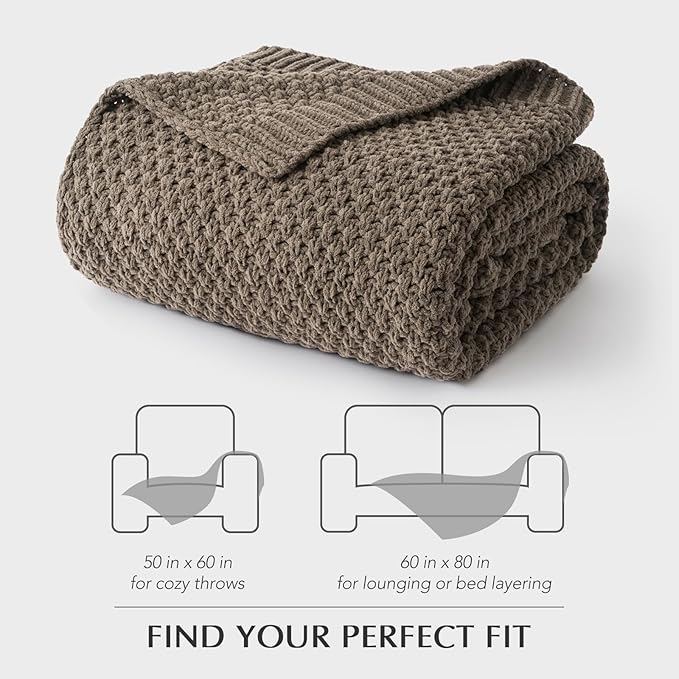 EVERGRACEHOME Chunky Chenille Knit Throw Blanket for Couch, Soft Luxurious Moss Stitch Blankets for Bed, Cozy Decorative Farmhouse Knitted Throws for Sofa, Mocha Brown, 60" x 80"