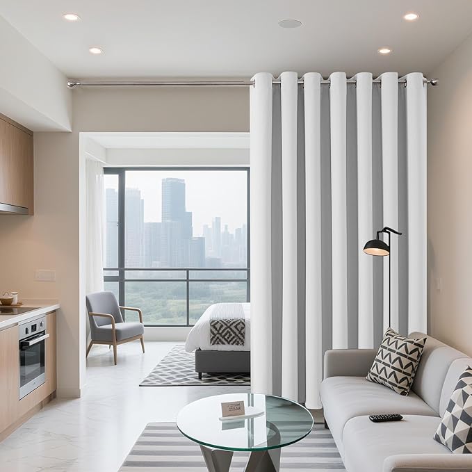Joydeco Blackout Patio Sliding Door Curtains 90 Inches Long, Grommet Privacy Room Divider Curtains, Extra Wide Thermal Blackout Drapes for Bedroom Living Room (Greyish White, 80Wx90L, 1 Panel)
