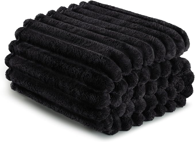 Exclusivo Mezcla Fleece Throw Blanket for Couch, Super Soft Striped Jacquard Bed Blanket, Lightweight Fuzzy Cozy for All Seasons, 50x60 Inches, Black