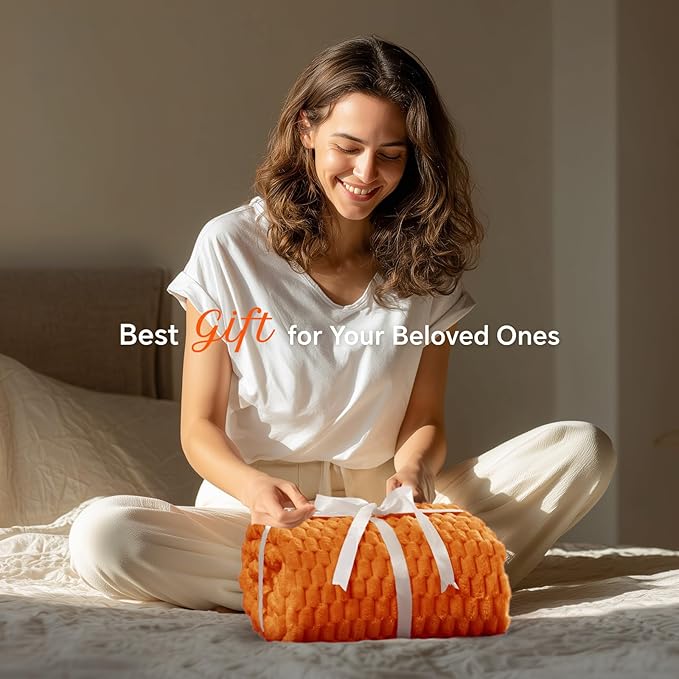 BEDELITE Fall Throw Blanket for Couch & Bed - 3D Jacquard Decorative Orange Blankets, Soft and Cozy Warm Plush Fluffy Fleece Blanket, 50x60Inches