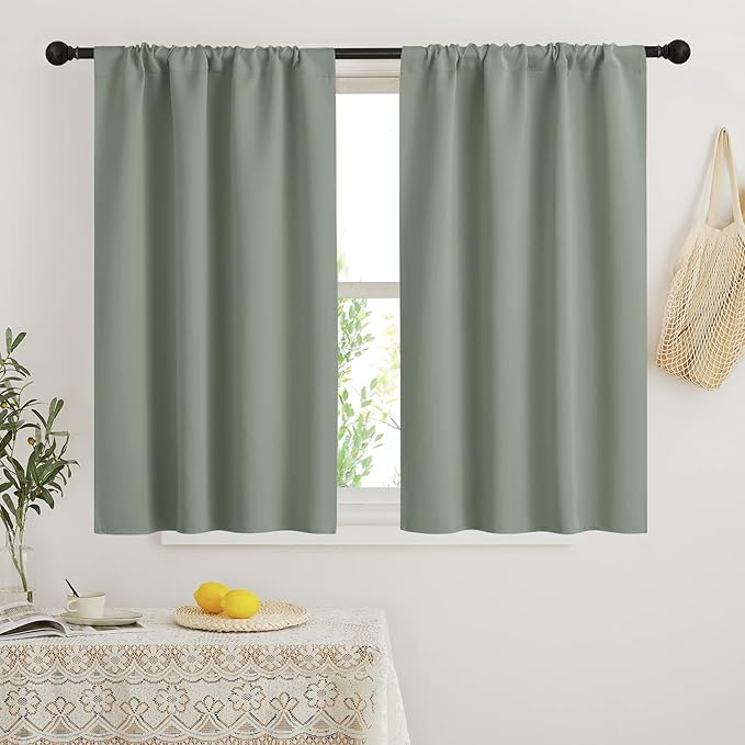 RYB HOME Short Blackout Curtains for Bedroom, Room Darkening Insulated Summer Heat Light UV Blocking Energy Saving Drapes for Nursery, Width 34 by Length 48, Greyish Green, Set of 2