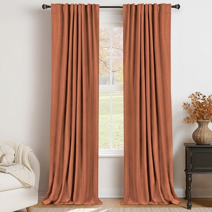100% Blackout Shield Linen Blackout Curtains for Bedroom 102 Inches Long, Back Tab/Rod Pocket Living Room Drapes, Thermal Insulated Blackout Curtains 2 Panels Set, 50" W x 102" L, Burnt Orange